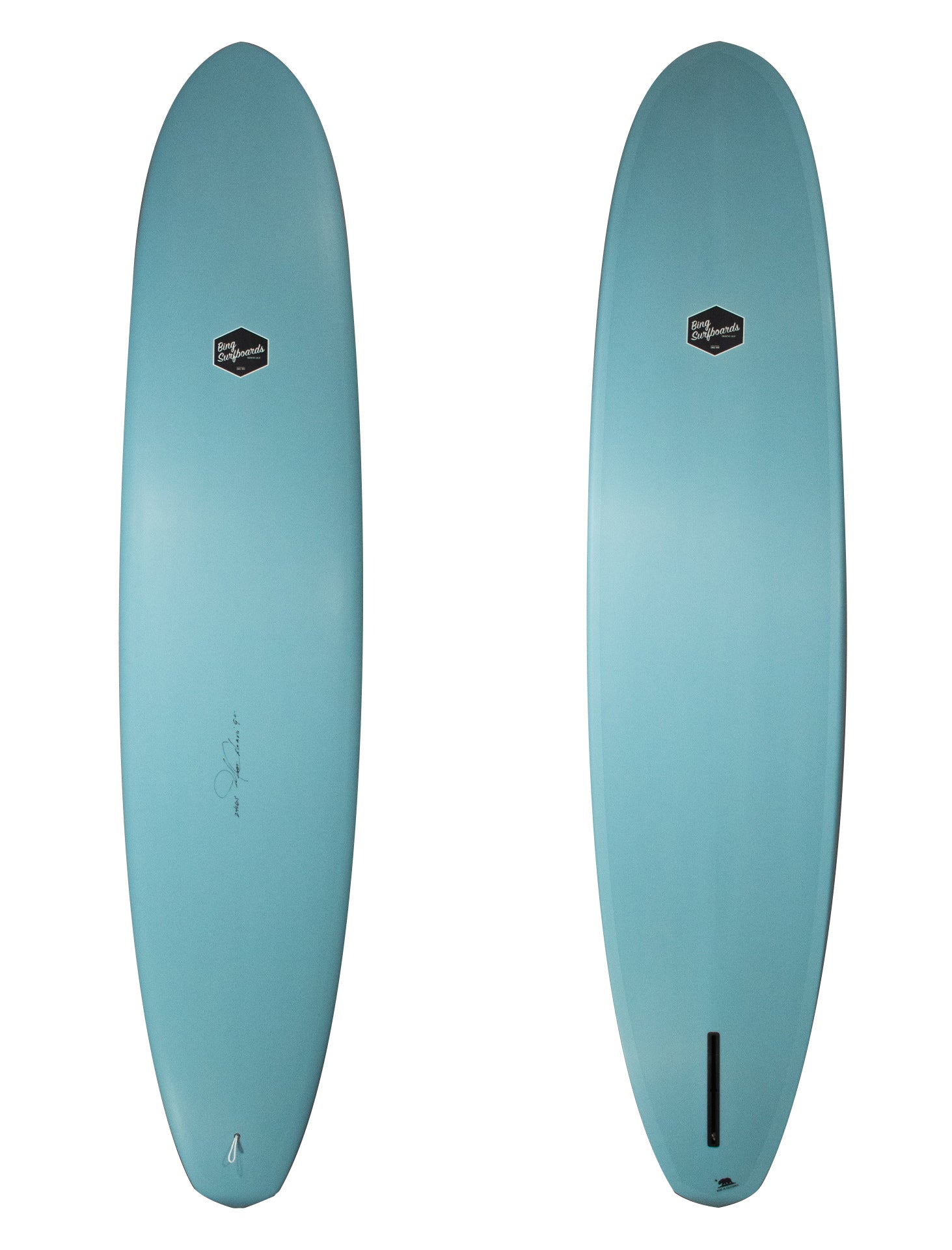 blue Sidewinder surfboard front and back shot