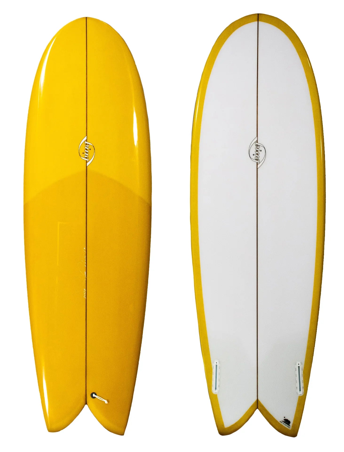 yellow Pufferfish surfboard front and back view