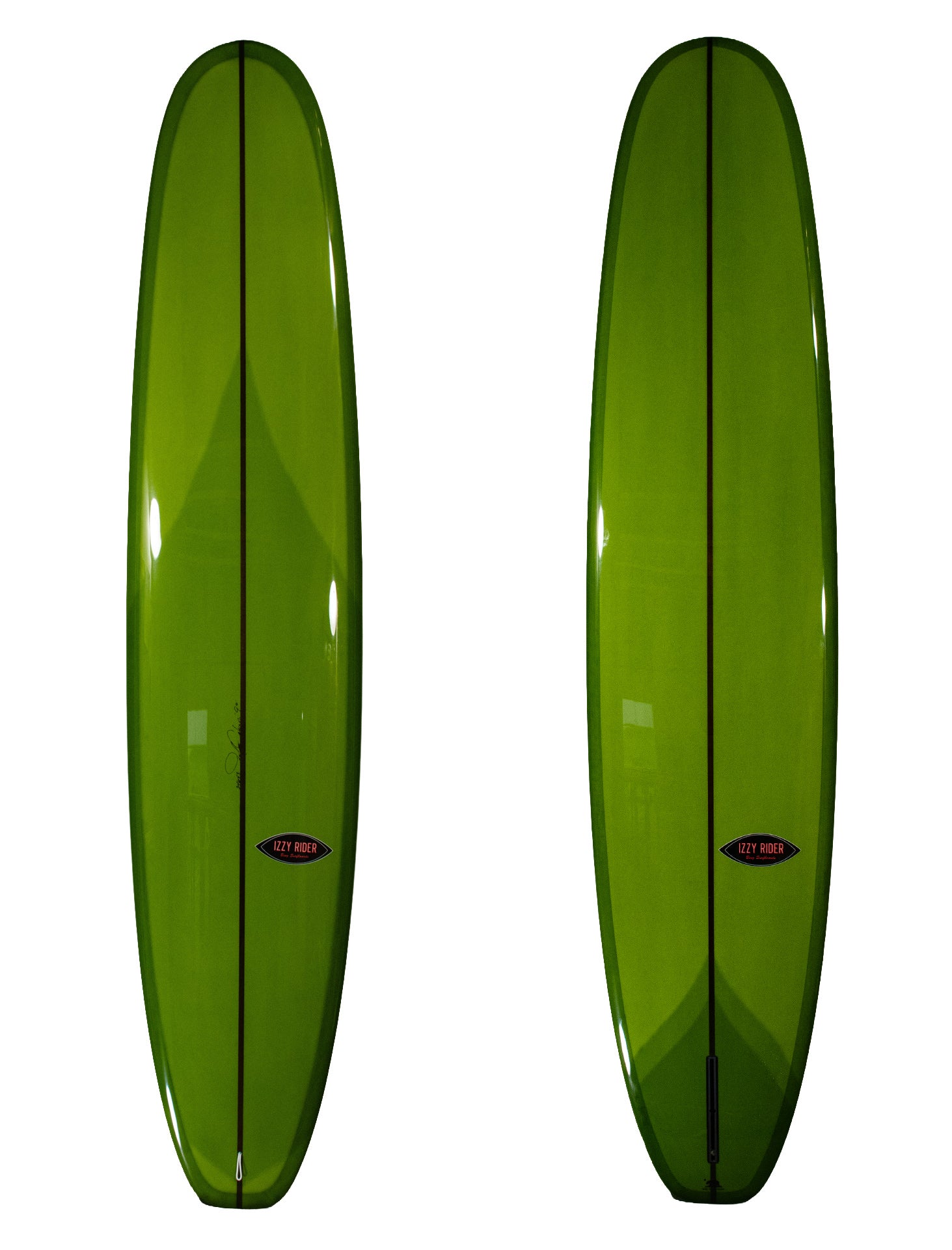 blue Sidewinder surfboard front and back shot