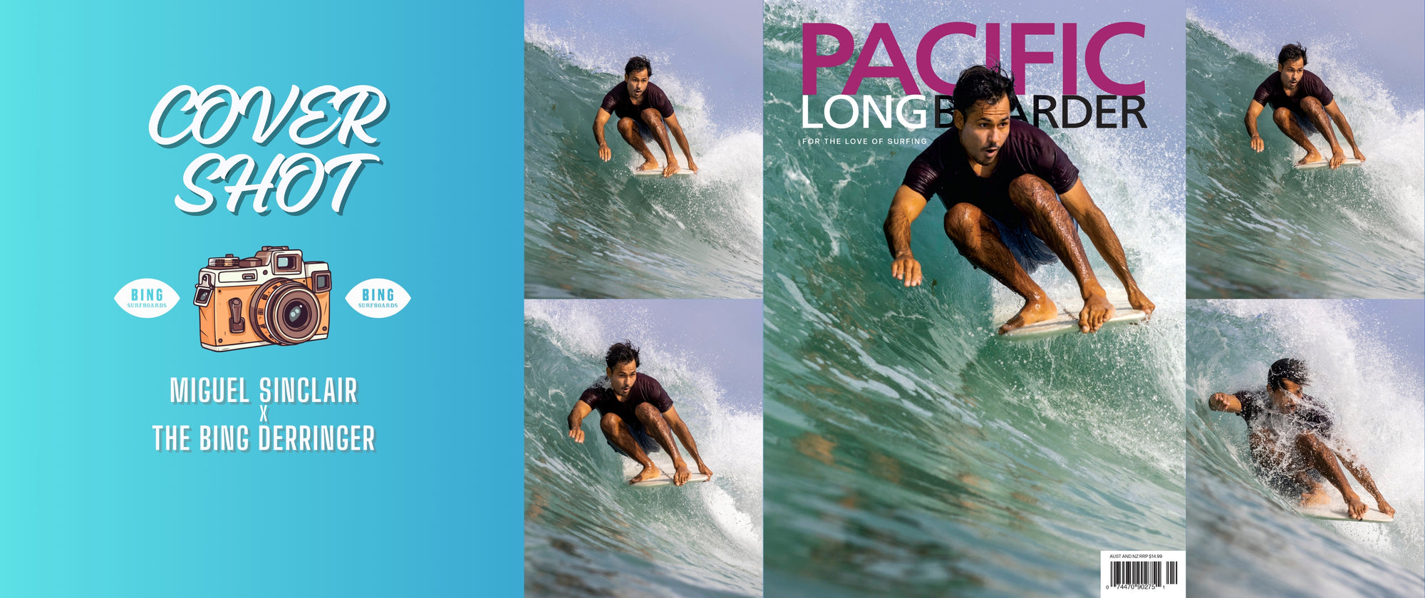 Cover Shot of Miguel Sinclair surfing on Pacific Longboarder Magazine