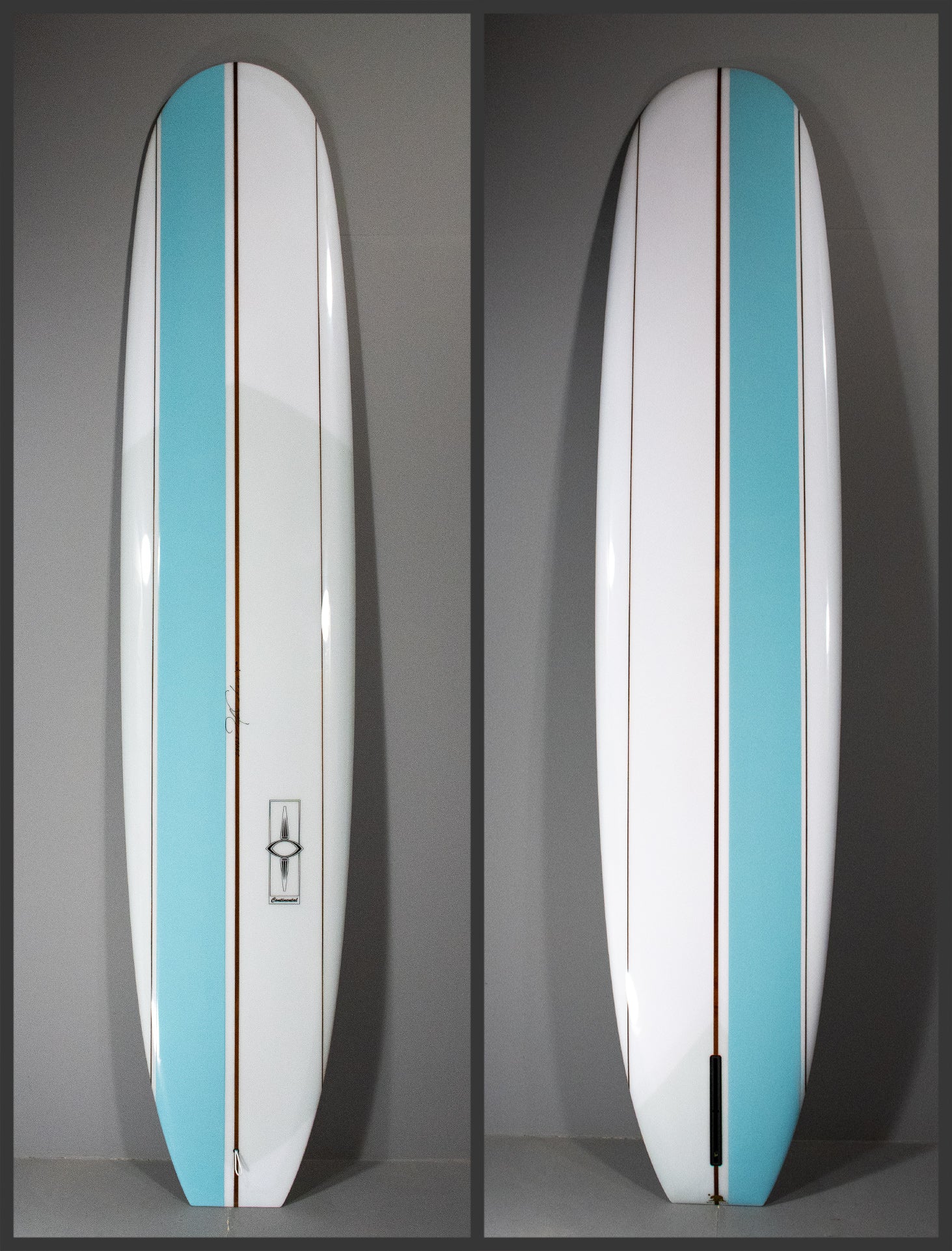 Gloss Polish White Continental Surfboard with Baby Blue Stripe