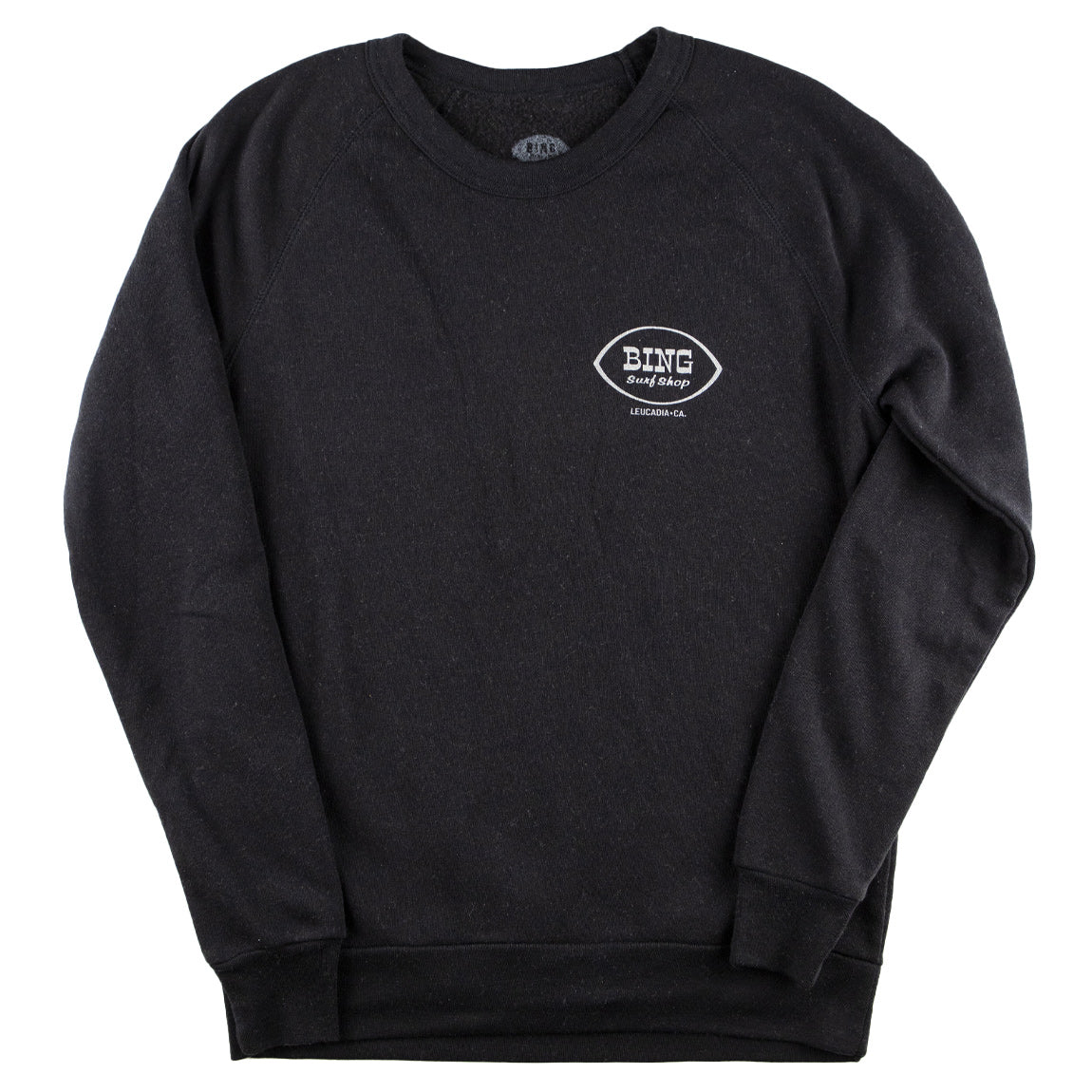 Black Crewneck Sweatshirt with Bing Leucadia Shop Logo on front left chest